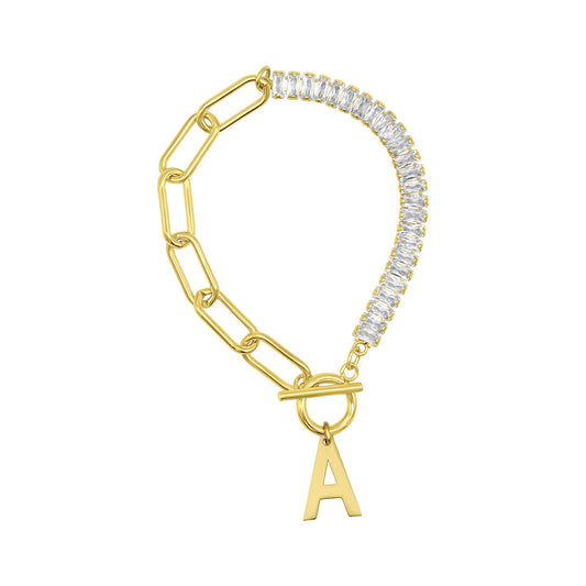 14k Gold Plated Half Crystal And Half Paperclip Initial Toggle Bracelet
