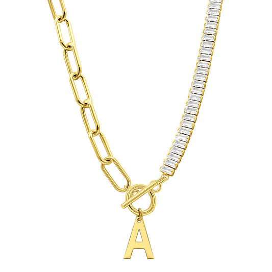 14K Gold Plated Half Crystal And Half Paperclip Initial Toggle Necklace
